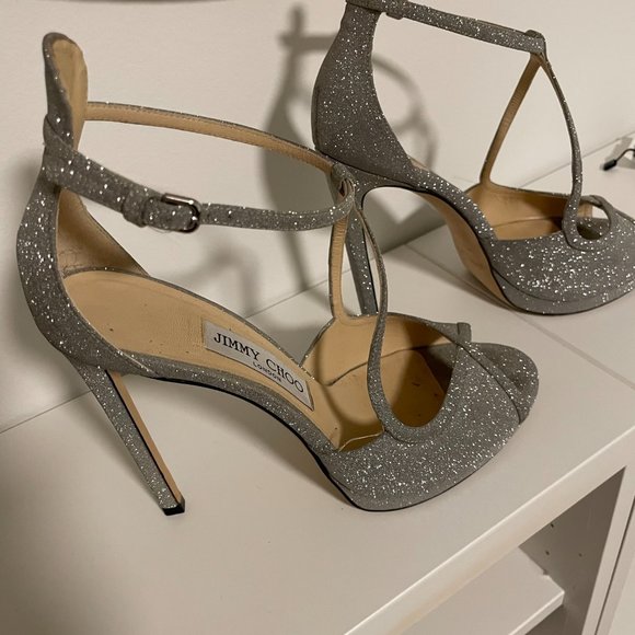 Jimmy Choo Metallic Silver Glitter Sandals - Picture 3 of 8